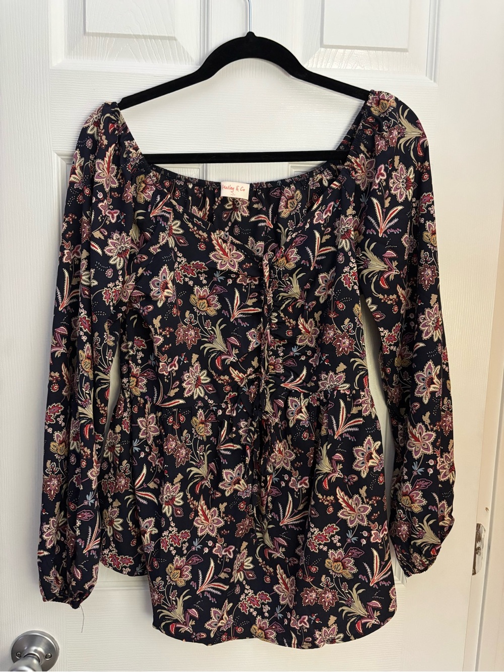 Floral Square-Neck Peasant Blouse - Navy